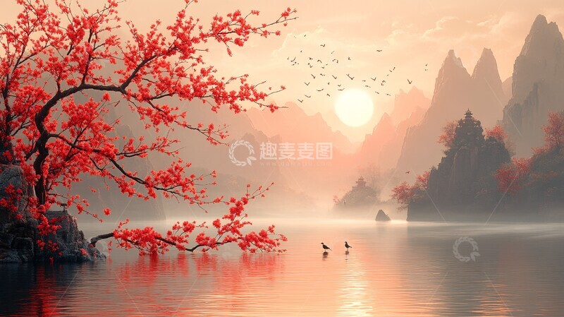 高清大图下载【趣麦麦图】红梅山水图红梅山水日落
