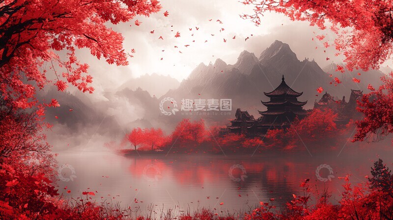 高清大图下载【趣麦麦图】红墨山水山水背景色彩