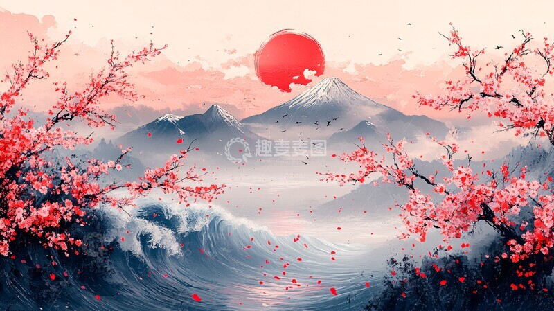 高清大图下载【趣麦麦图】樱花海浪富士山