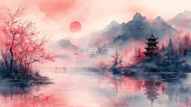 高清大图下载【趣麦麦图】樱花山水图樱花山水河流1