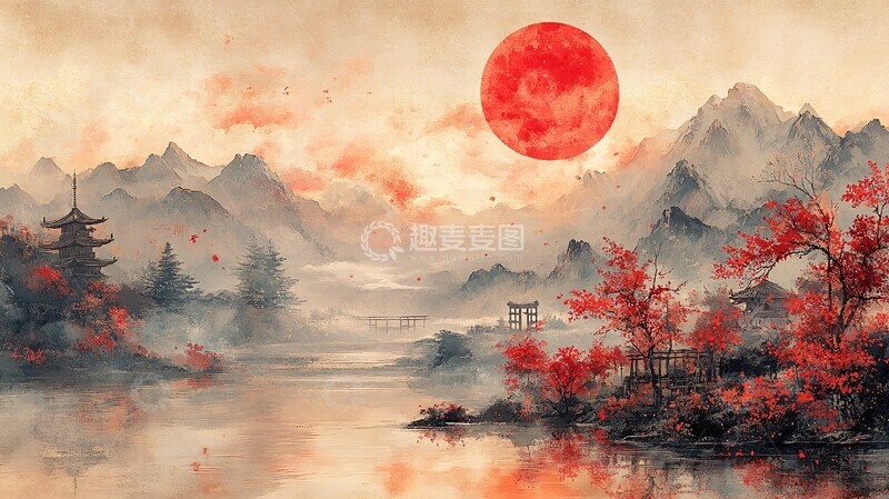高清大图下载【趣麦麦图】山景樱花樱花河流日落