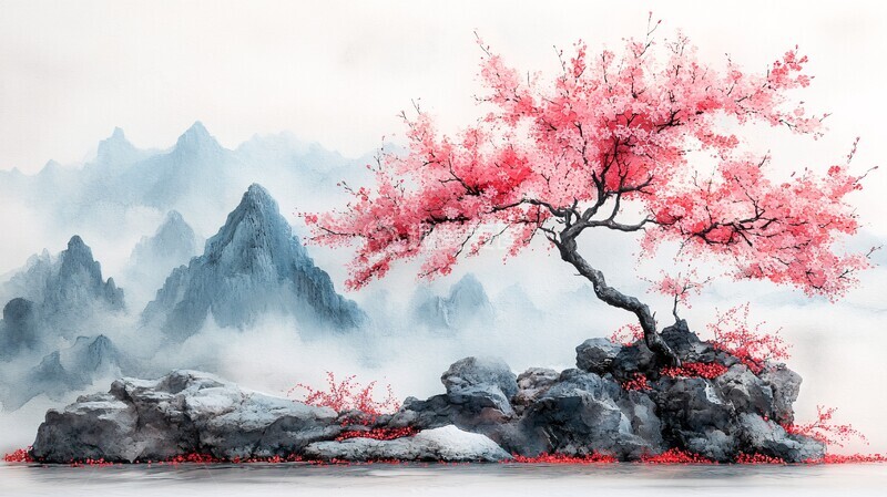 高清大图下载【趣麦麦图】樱花树手绘插画1