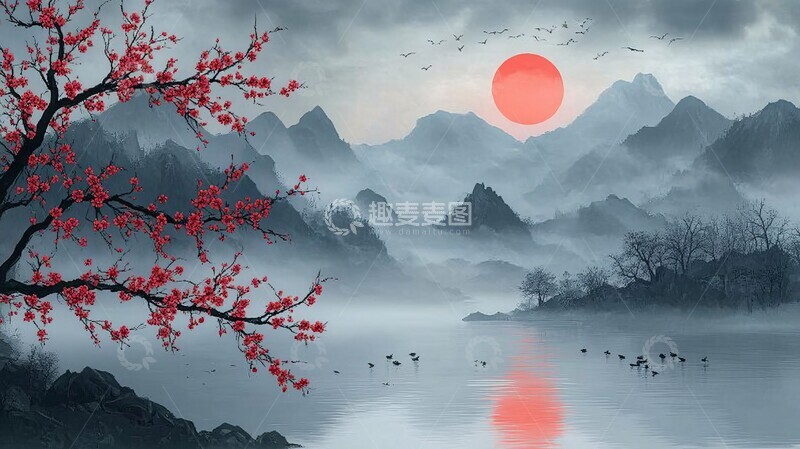 高清大图下载【趣麦麦图】红梅山水图红梅山水日落1