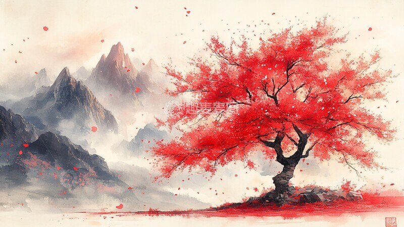 高清大图下载【趣麦麦图】樱花树手绘插画