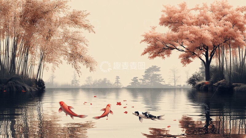 高清大图下载【趣麦麦图】竹影流水樱花饰