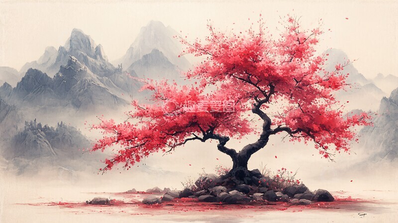 高清大图下载【趣麦麦图】樱花树手绘插画3