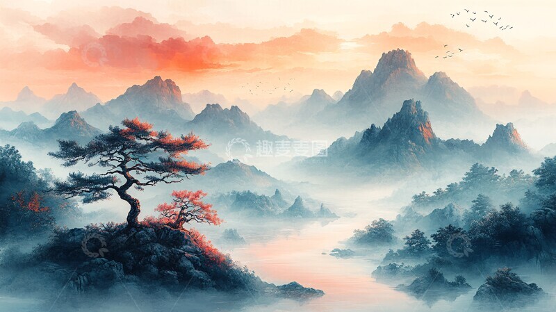 高清大图下载【趣麦麦图】山水河流生命树