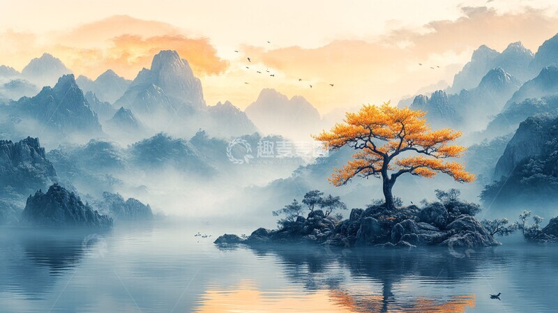 高清大图下载【趣麦麦图】山水树花鸟山水河流天空