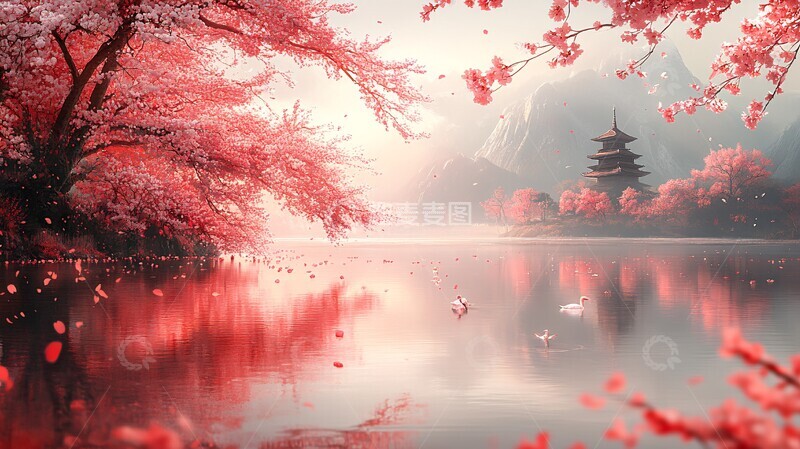 高清大图下载【趣麦麦图】樱花与天鹅樱花天鹅景观