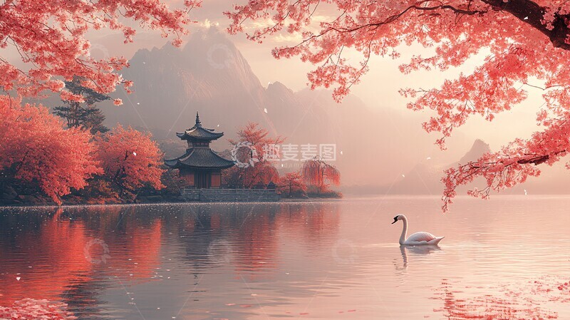 高清大图下载【趣麦麦图】樱花与天鹅樱花天鹅景观1