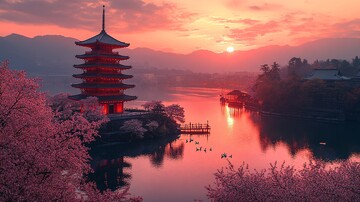 樱花与天鹅樱花天鹅景观3