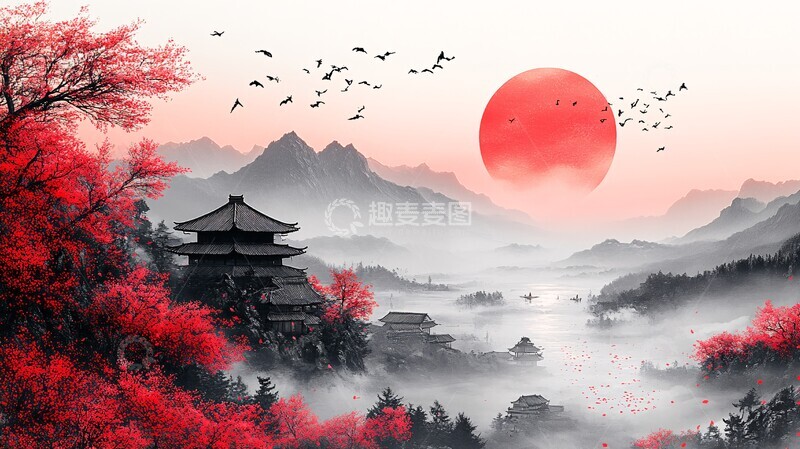 高清大图下载【趣麦麦图】樱花落日景色