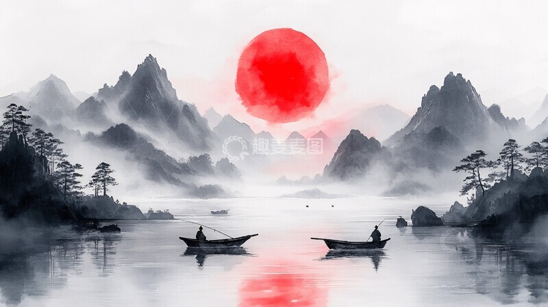 高清大图下载【趣麦麦图】山水渔舟山水渔舟太阳