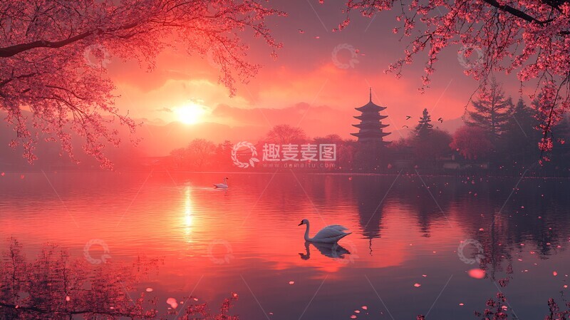 高清大图下载【趣麦麦图】樱花与天鹅樱花天鹅景观2