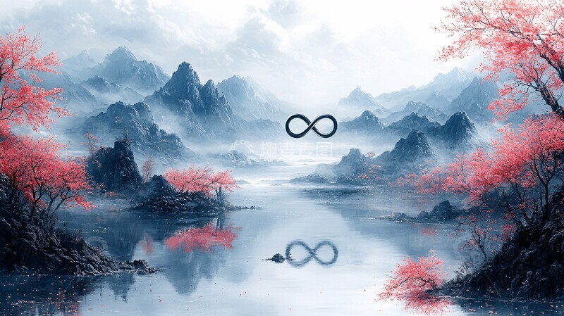 高清大图下载【趣麦麦图】山水樱影山水河流樱花1