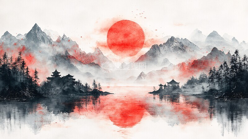 高清大图下载【趣麦麦图】红日山水图红山水山2