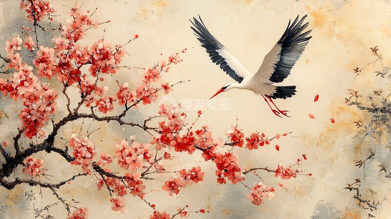 高清大图下载【趣麦麦图】鹤舞樱花图樱花幸运天空