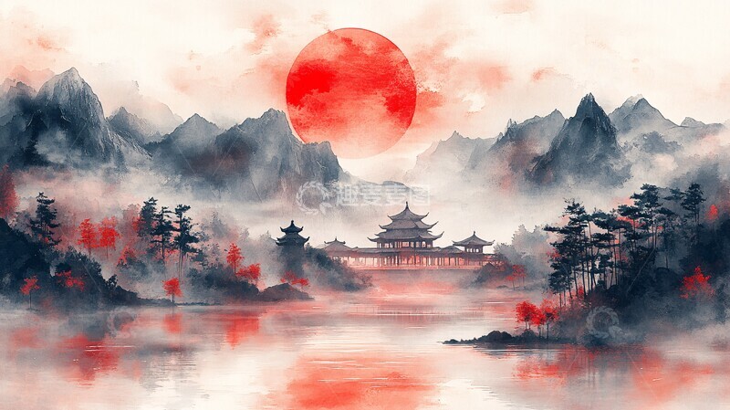 高清大图下载【趣麦麦图】红日山水图红山水山1