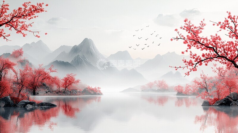 高清大图下载【趣麦麦图】山水飞鹭图山水飞鹭河流