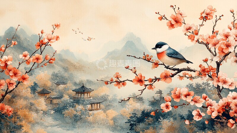 高清大图下载【趣麦麦图】花开富贵树下鸟1