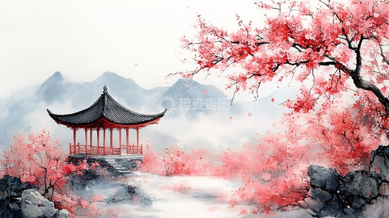 高清大图下载【趣麦麦图】桃花园与中式亭1