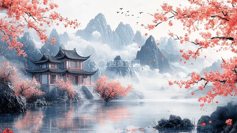 高清大图下载【趣麦麦图】山水飞鹭桃花流水