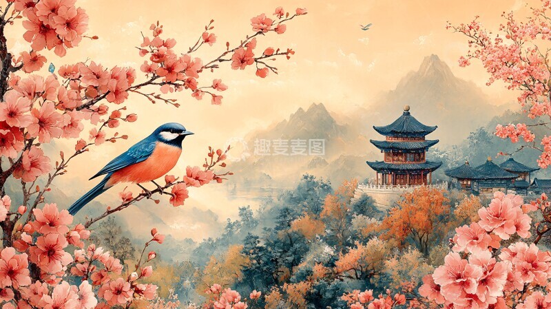 高清大图下载【趣麦麦图】花开富贵树下鸟2