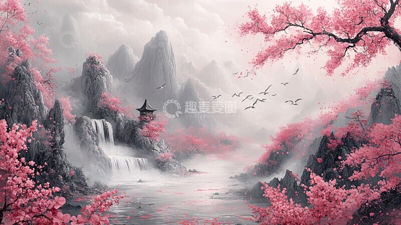 高清大图下载【趣麦麦图】山水飞鹭桃花鱼