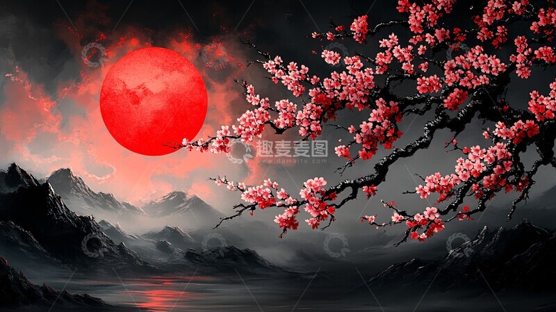 高清大图下载【趣麦麦图】樱花枝头红日升