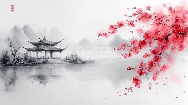 高清大图下载【趣麦麦图】桃花园与中式亭