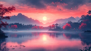 中秋月湖图中秋风景绘画