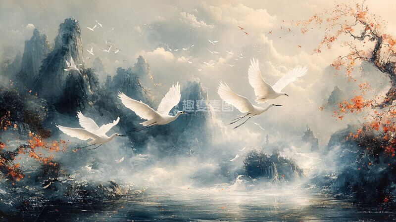 高清大图下载【趣麦麦图】山水飞鹭桃花鱼1