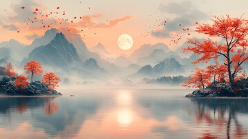 中秋月湖图中秋风景绘画1