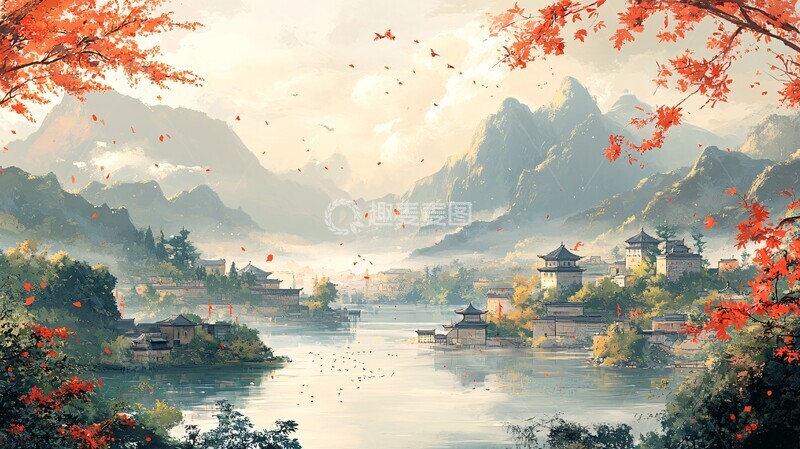 高清大图下载【趣麦麦图】鸟语花香村景图