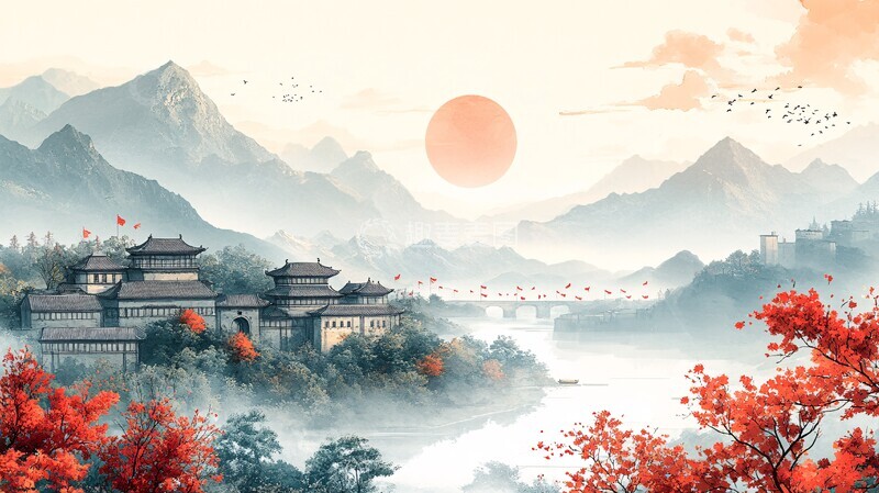 高清大图下载【趣麦麦图】鸟语花香村景图2