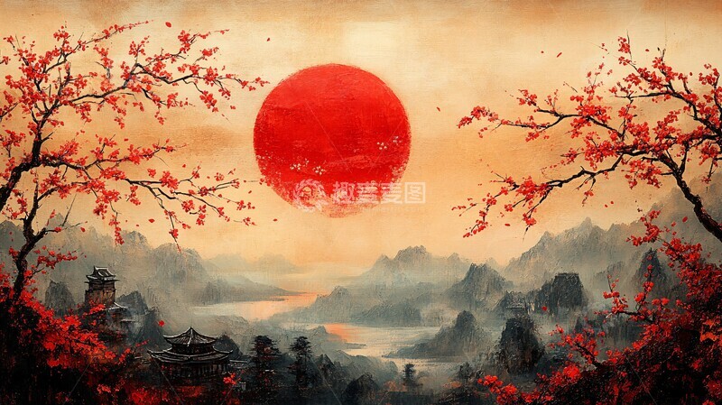 高清大图下载【趣麦麦图】红日樱花图红日樱花绘画