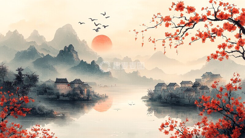 高清大图下载【趣麦麦图】鸟语花香村景图1