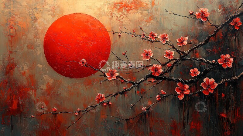 高清大图下载【趣麦麦图】红日樱花图樱花花朵绘画