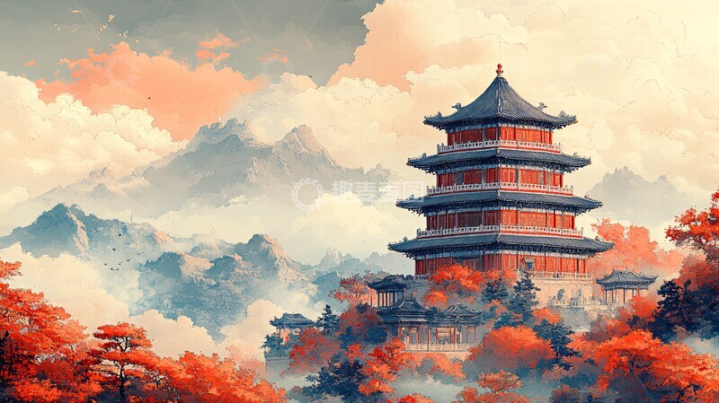 高清大图下载【趣麦麦图】玲珑塔九层国风图1