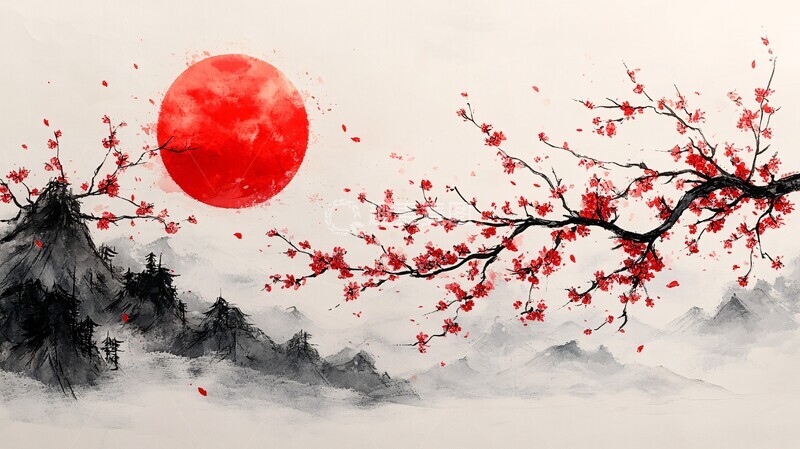 高清大图下载【趣麦麦图】樱花红日图樱花红日背景3