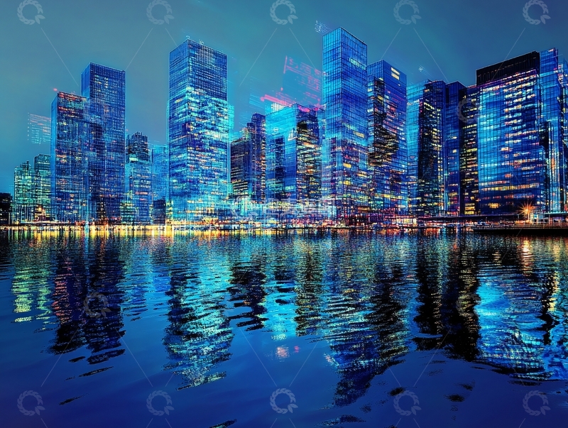 高清大图下载【趣麦麦图】湖边高楼霓虹夜色6