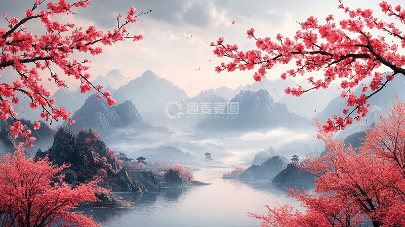 高清大图下载【趣麦麦图】桃枝山河云墨图