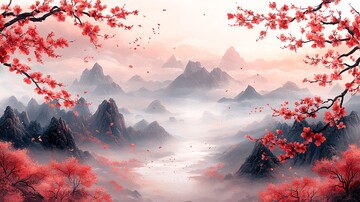 桃枝山河云墨图1