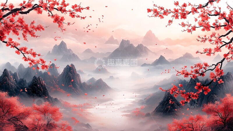 高清大图下载【趣麦麦图】桃枝山河云墨图1