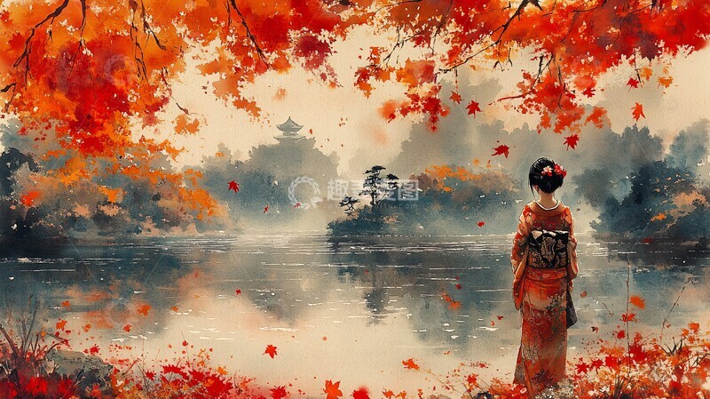 高清大图下载【趣麦麦图】秋叶女子河畔1