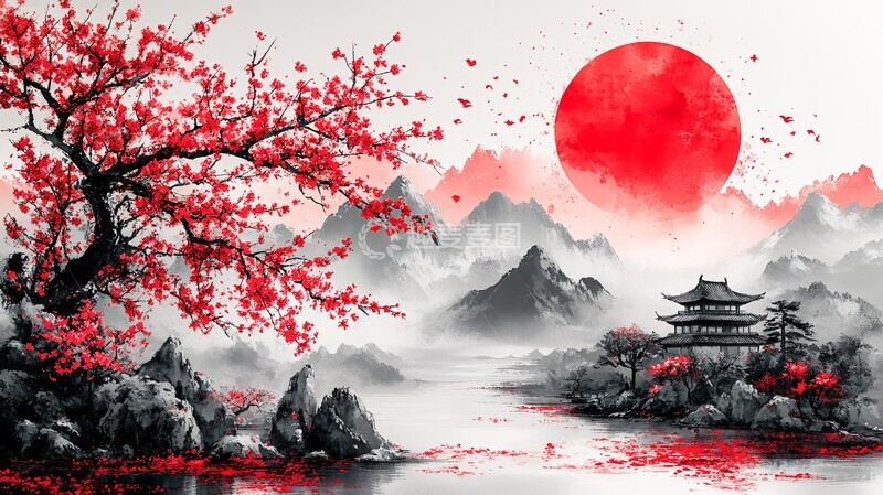 高清大图下载【趣麦麦图】樱花红日图樱花红日背景1