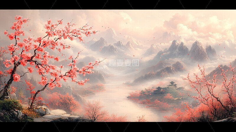 高清大图下载【趣麦麦图】桃枝桃花山水云