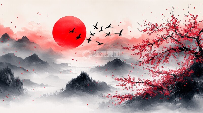 高清大图下载【趣麦麦图】樱花红日图樱花红日背景2