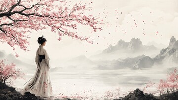 桃花树下的女子