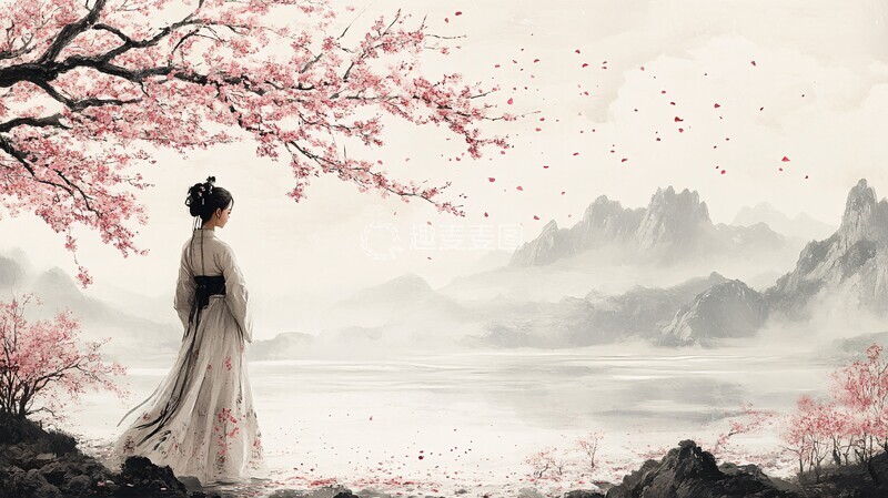 高清大图下载【趣麦麦图】桃花树下的女子